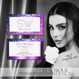 Pink Purple Ombre White Sparkling Glitter Monogram Business Card