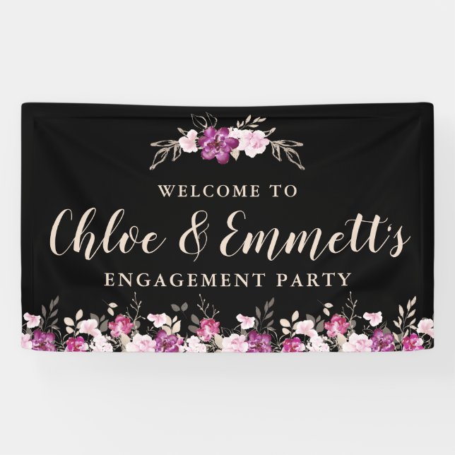 Pink Purple on Black Floral Engagement Party Banner (Horizontal)