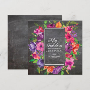 Pink Purple Orange Floral Chalkboard 50th Birthday Invitation