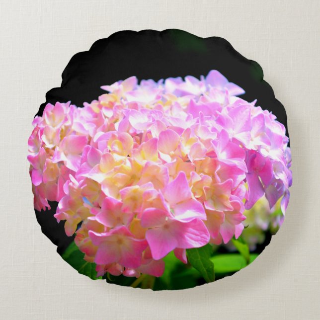 Pink purple orange hydrangeas round cushion (Front)