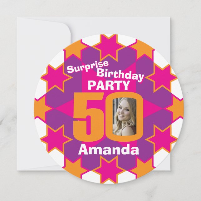 Pink purple orange star photo 50th birthday party invitation (Front)