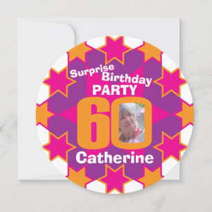 Pink purple orange star photo 60th birthday party invitation