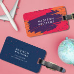Pink Purple Orange Vibrant Modern Bold Strokes Luggage Tag<br><div class="desc">Trendy and modern luggage tag featuring vibrant thick marker strokes in pink, purple and orange with tiny splashes of pink and orange on top of it on the front and a blue back side with tiny splashes or pink and orange. Personalise it by replacing the placeholder text. For more options...</div>