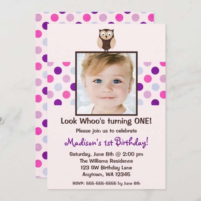 Pink Purple Owl 1st Birthday Girl Photo Invitation (Front/Back)