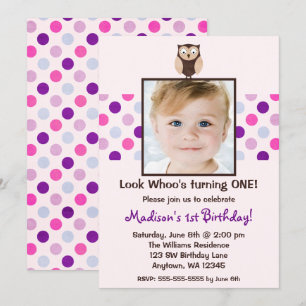 Pink Purple Owl 1st Birthday Girl Photo Invitation