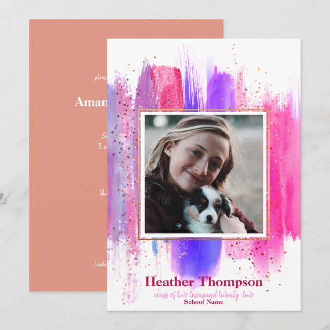 Pink & Purple Painted Glitter Sparkles Graduation  Invitation (Front/Back)