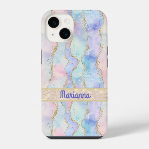 Pink Purple Pale Green Watercolor Faux Glitter iPhone 14 Case
