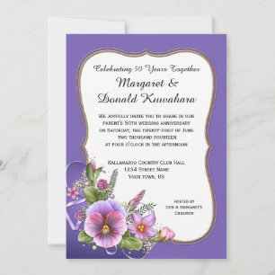 Pink Purple Pansies Gold Frame 50th Anniversary Invitation