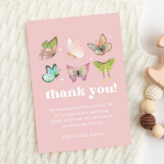 Pink Purple Pastel Butterfly Girl Baby Shower Thank You Card (butterfly baby shower, lavender purple pink watercolor flowers, girl, modern and unique, butterflies)