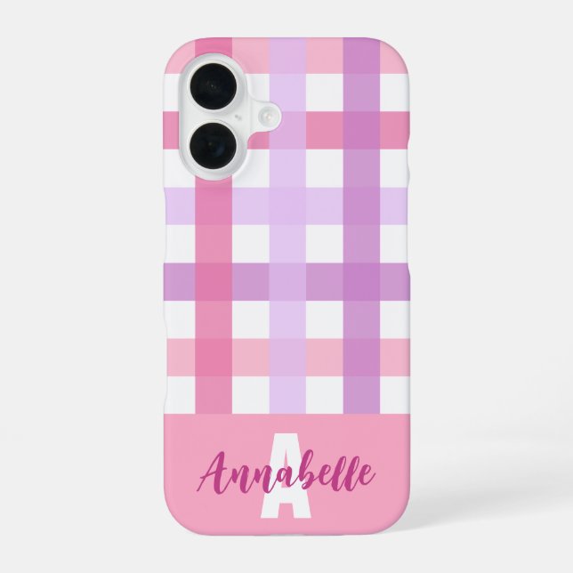 Pink Purple Pastel Gingham Pattern Monogram iPhone 16 Case (Back)