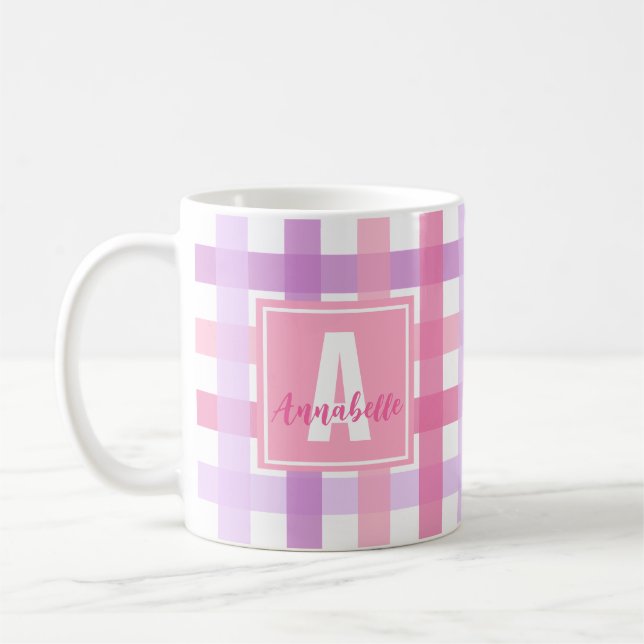 Pink Purple Pastel Modern Gingham Monogram  Coffee Mug (Left)