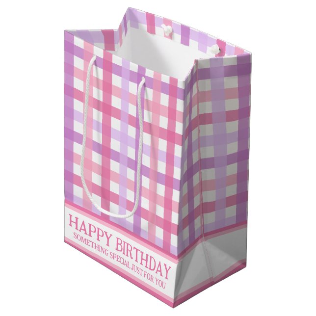 Pink Purple Pastel Modern Gingham Pattern  Medium Gift Bag (Front Angled)