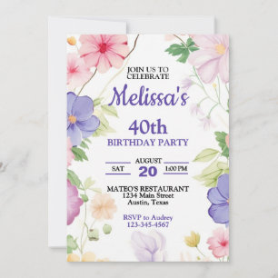 Pink & Purple Pastel Wildflowers Any Age Birthday Invitation