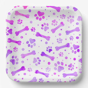 Pink Purple Paw Prints Birthday Watercolor Square Paper Plate