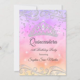 Pink Purple peach Silver Quinceanera 15th Birthday Invitation