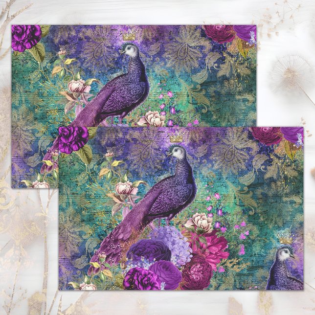 PINK PURPLE PEACOCK FLORAL COLLAGE DECOUPAGE TISSUE PAPER (PINK PURPLE PEACOCK FLORAL COLLAGE DECOUPAGE TISSUE PAPER)
