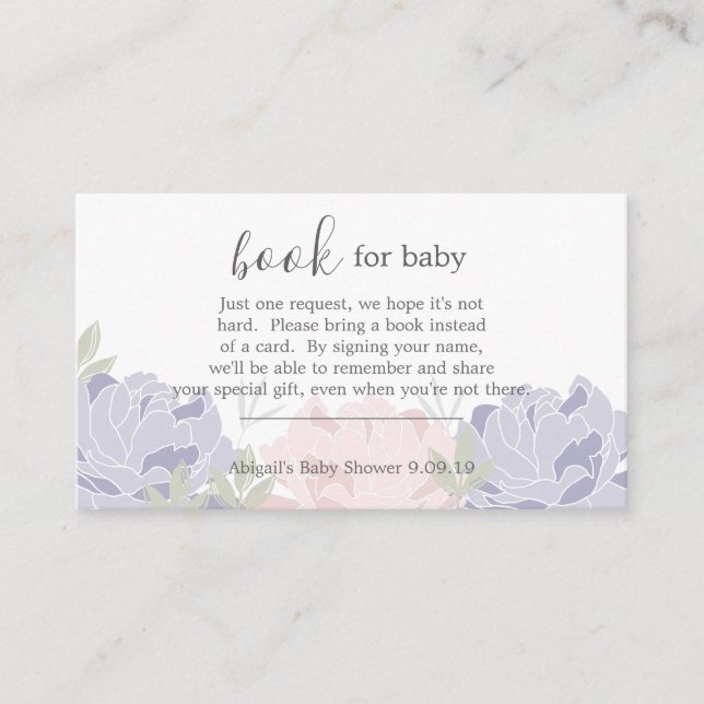 Pink & Purple Peonies Book Request Baby Shower Enclosure Card (Front)