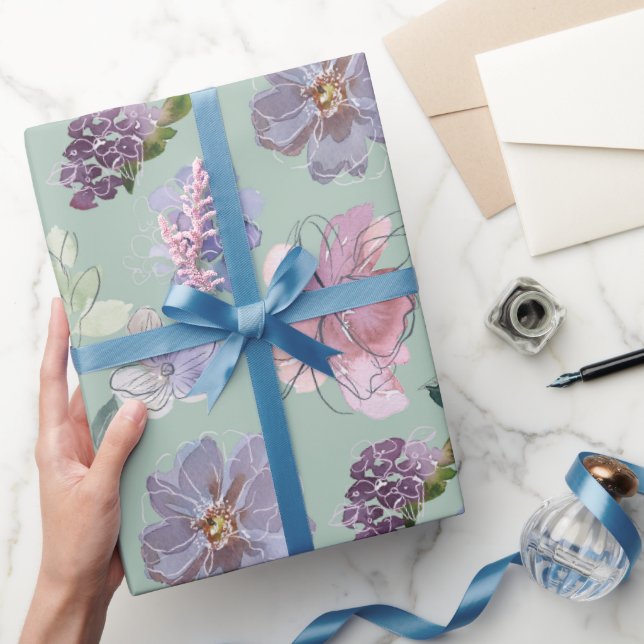 Pink Purple Petals Mint Green Background Wrapping Paper (Gifting)