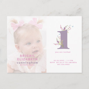 Pink & Purple Photo 1st Birthday Party Invitation Postcard