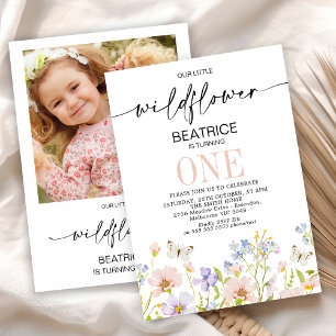 Pink Purple Photo Back Wildflower 1st Birthday Invitation