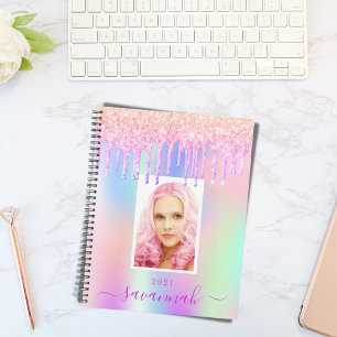 Pink purple photo name holographic planner
