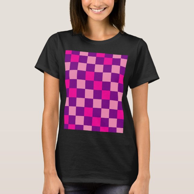 Pink Purple Pink Chequered Pattern Design  T-Shirt (Front)
