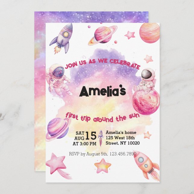 Pink Purple Planet Space First Trip Around the Sun Invitation (Front/Back)