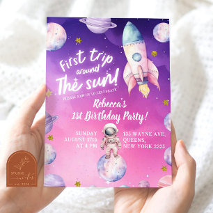 Pink Purple Planet Space Girl's First birthday Invitation