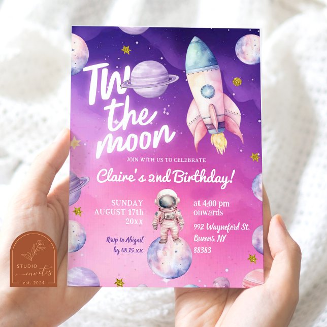 Pink Purple Planet Two The Moon Girl 2nd Birthday Invitation (Creator Uploaded)