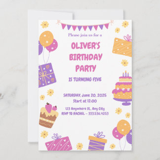 Pink Purple Playful Simple kids birthday invitaion Invitation