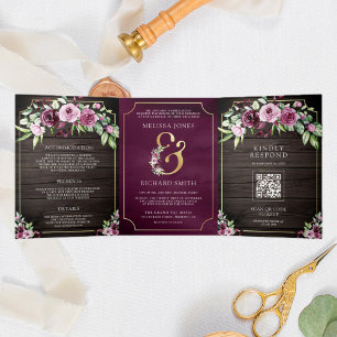 Pink Purple Plum Floral Ampersand Wood QR Wedding Tri-Fold Invitation