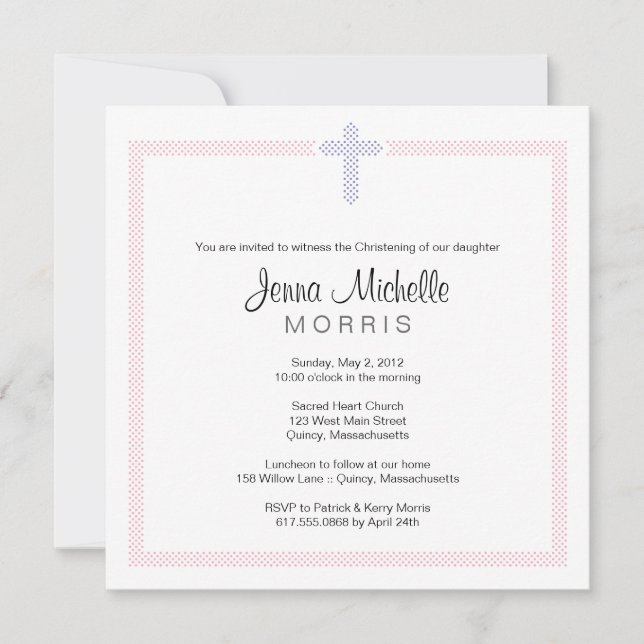 Pink Purple Polka Dot Cross | Baptism Invitation (Front)