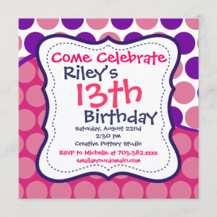 Pink Purple Polka Dots Birthday Party Invitations