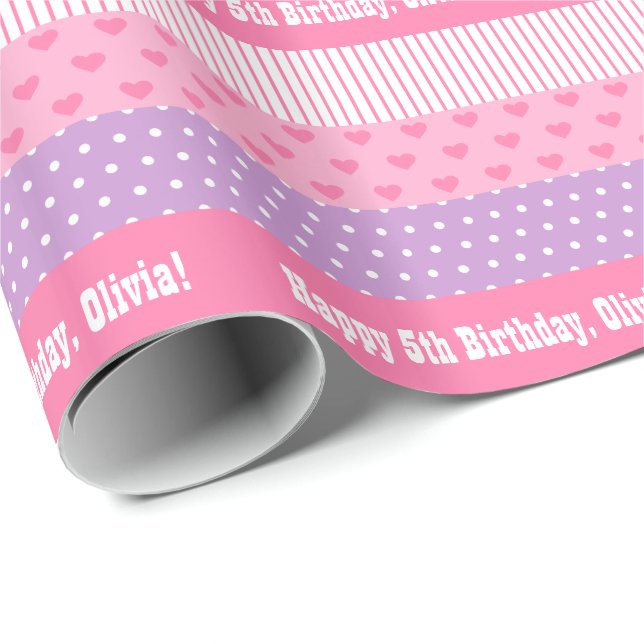 Pink Purple Polka Dots Stripes Hearts Pattern Wrapping Paper (Roll Corner)