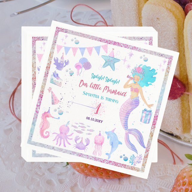 Pink Purple Pool Party 1st Girls Mermaid Birthday Napkin (Creator Uploaded)