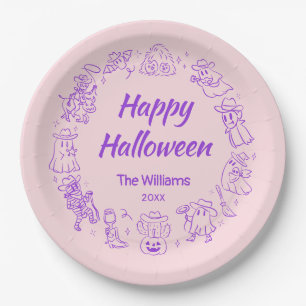 Pink Purple Quirky Hand Drawn Happy Halloween Paper Plate