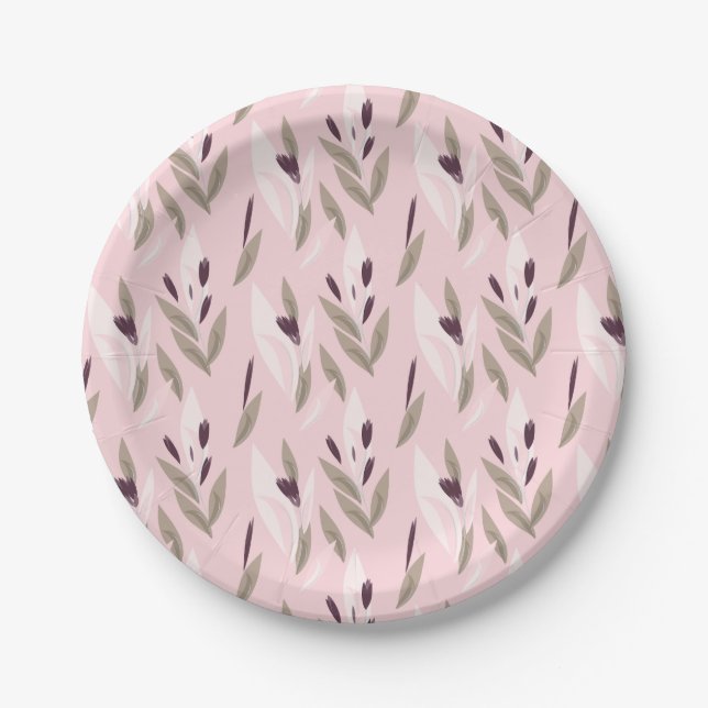 Pink purple red retro flower pattern paper plate (Front)