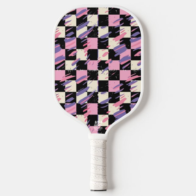 Pink & Purple Retro Checkered Pickleball Paddle (Front)