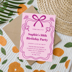 Pink & Purple Ribbon Frame Sweet 16 Birthday Party Invitation