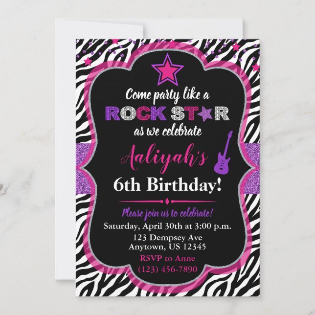 Pink & Purple Rock Star Girl Birthday Invitation (Front)