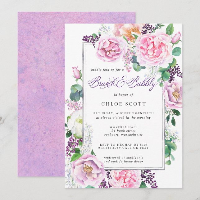 Pink Purple Rose Floral Bridal Brunch Bubbly Invitation (Front/Back)