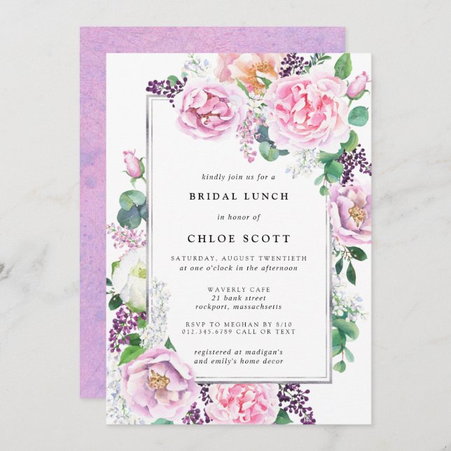 Pink Purple Rose Floral Bridal Lunch Invitation (Front/Back)