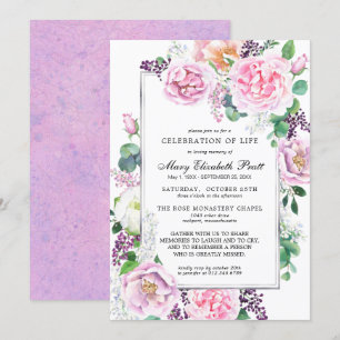 Pink Purple Rose Floral Celebration of Life Invitation