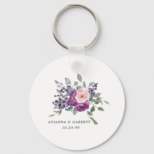 Pink Purple Rose Floral Personalised Wedding Favou Key Ring (Front)