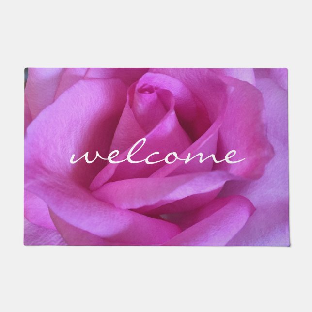 Pink Purple Rose Flower Photo Bold Welcome Script  Doormat (Front)