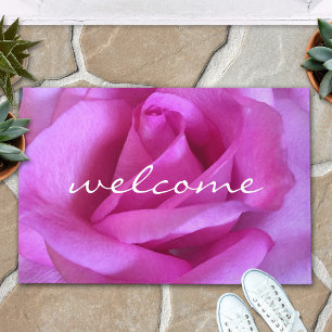 Pink Purple Rose Flower Photo Bold Welcome Script Doormat