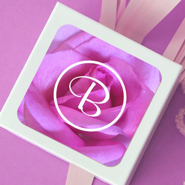 Pink purple rose flower photo monogram script chic square sticker (Creator Uploaded)