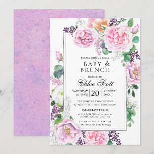 Pink Purple Rose Peony Floral Baby Brunch Invitation