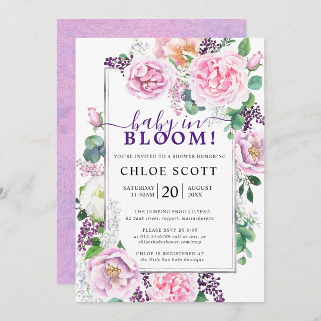 Pink Purple Rose Peony Floral Baby in Bloom Invitation (Front/Back)