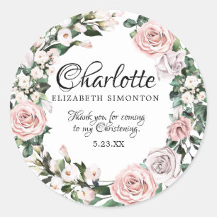 Pink Purple Rose Personalised Christening Classic Round Sticker